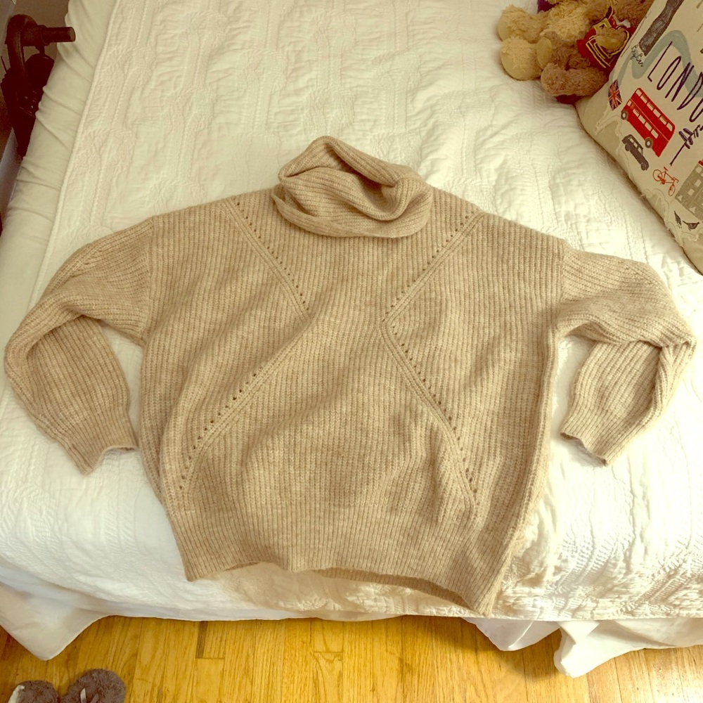 Heather beige turtleneck knit cutout sweater